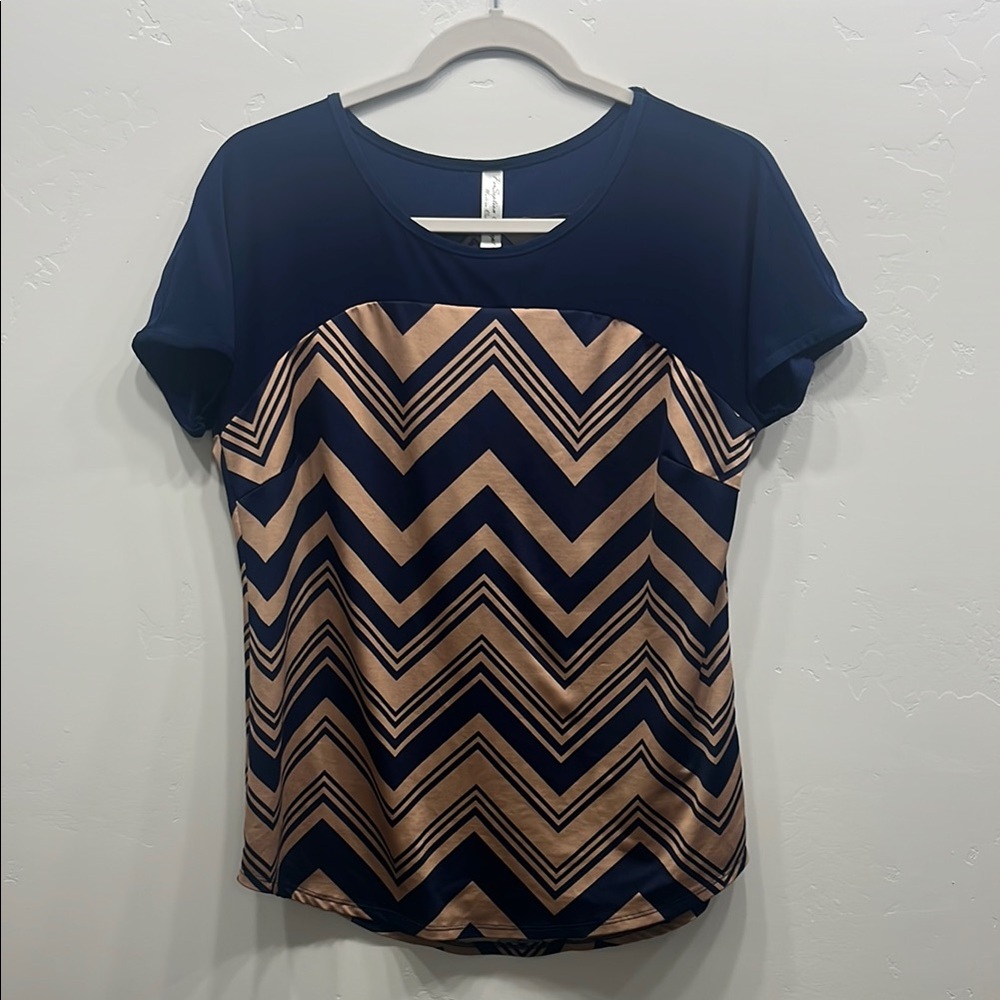 PerSeption Concept Blue and Tan Short Sleeve Blouse